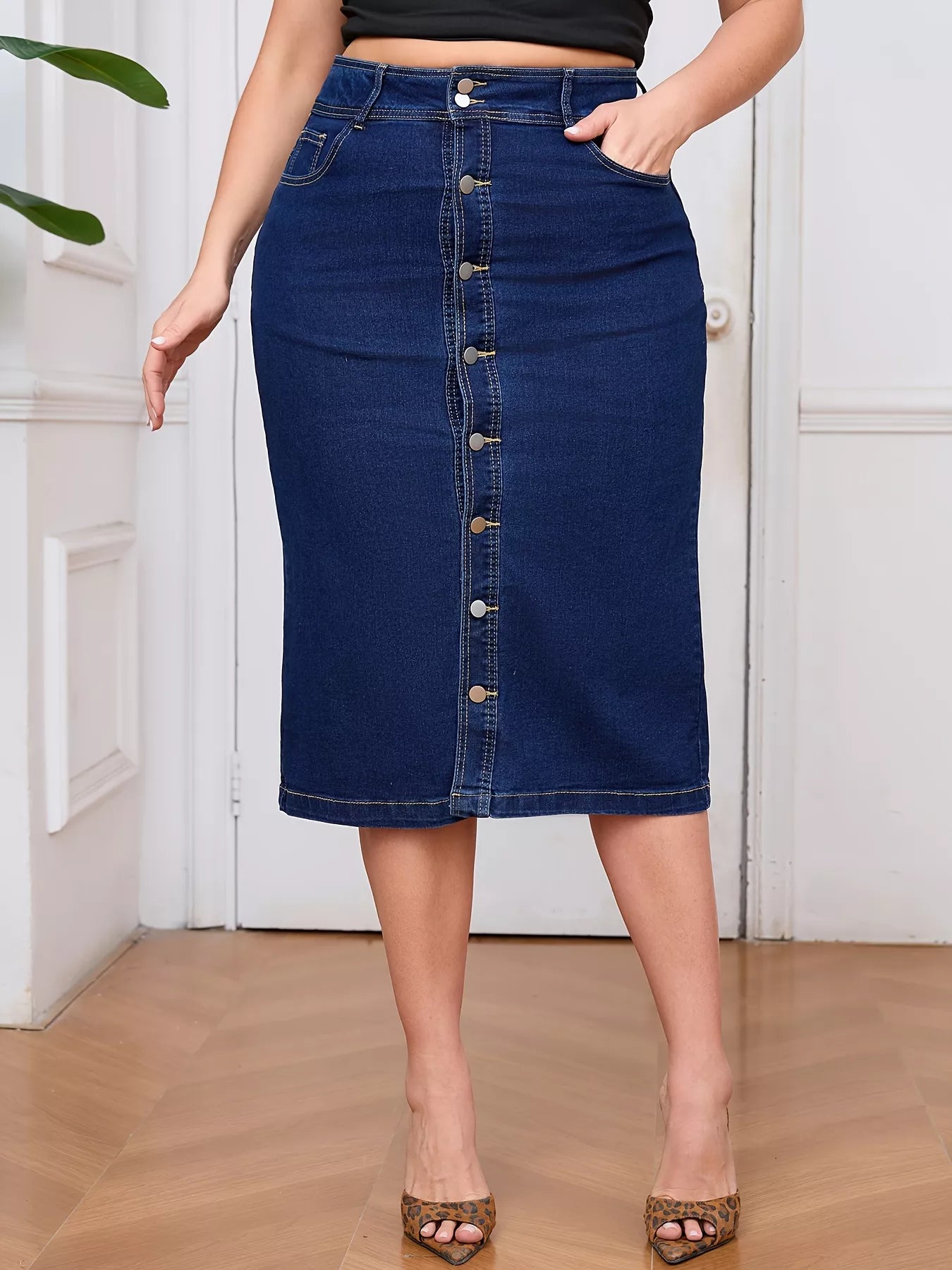 Plus Size Button-Front High Waist Denim Skirt - cas7m