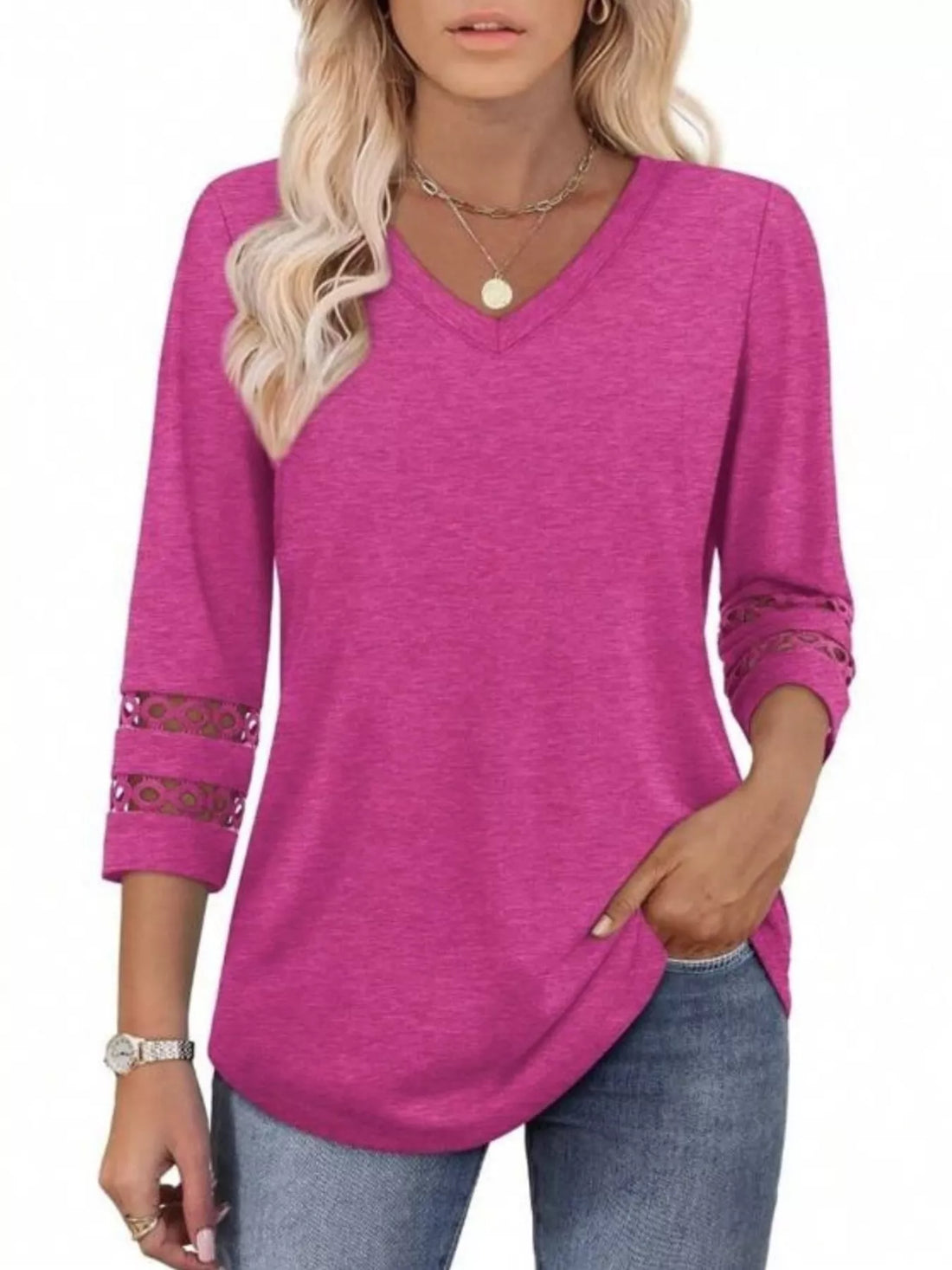 Full Size V-Neck 3/4 Sleeve T-Shirt Plus Size - cas7m
