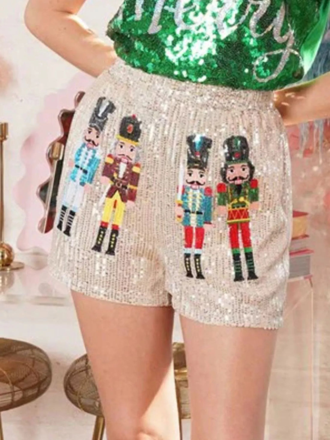 Christmas Sequined Nutcracker Shorts - cas7m