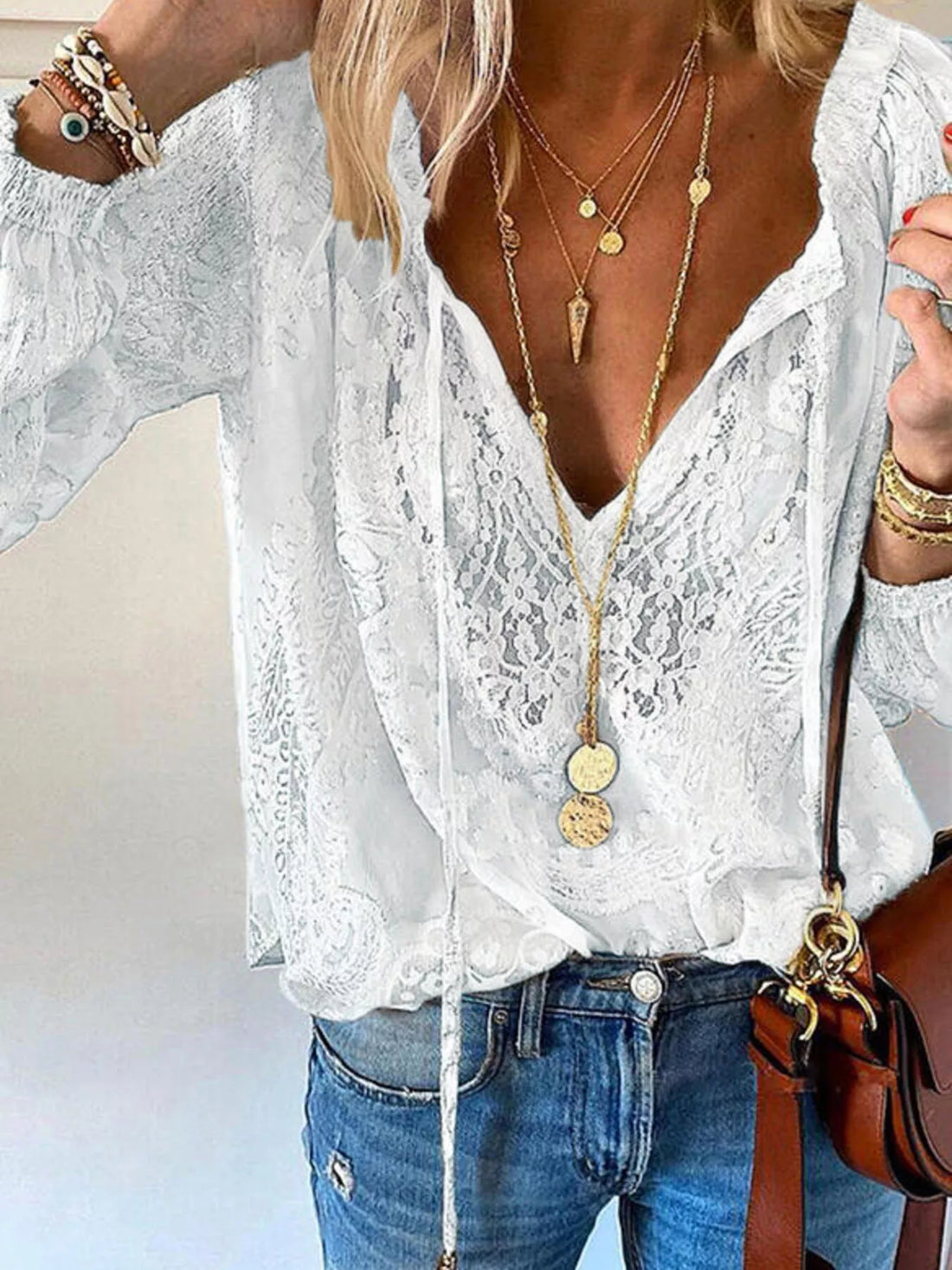 Lace Tie-Neck Blouse - cas7m
