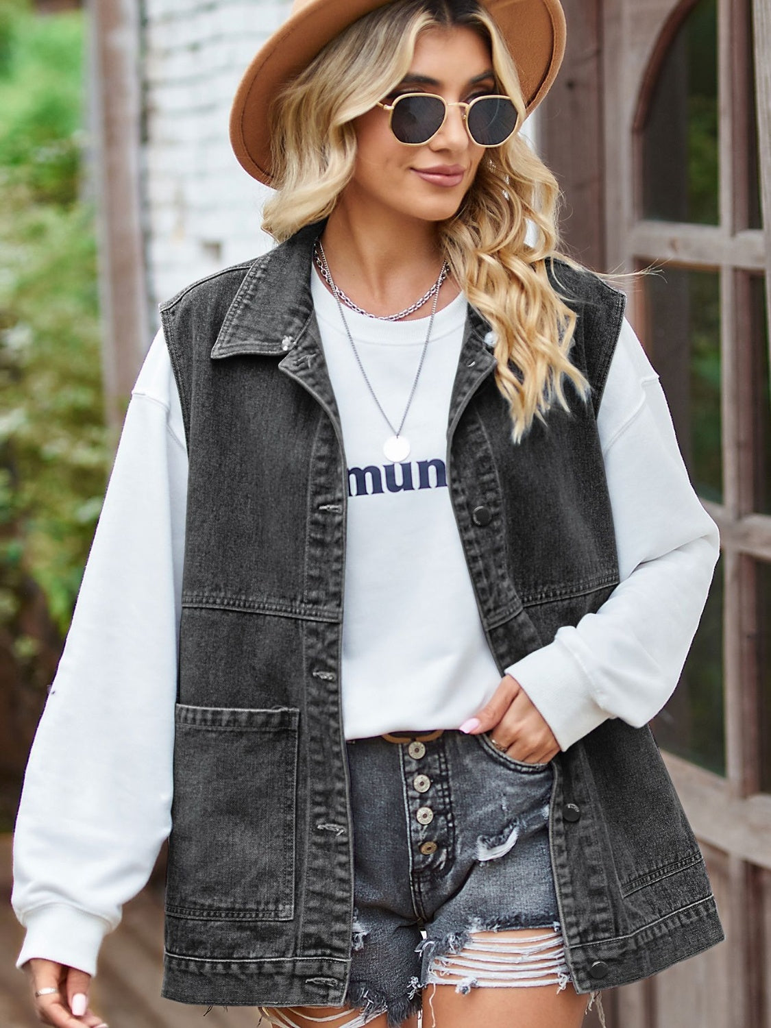 Button Front Sleeveless Denim Jacket - cas7m