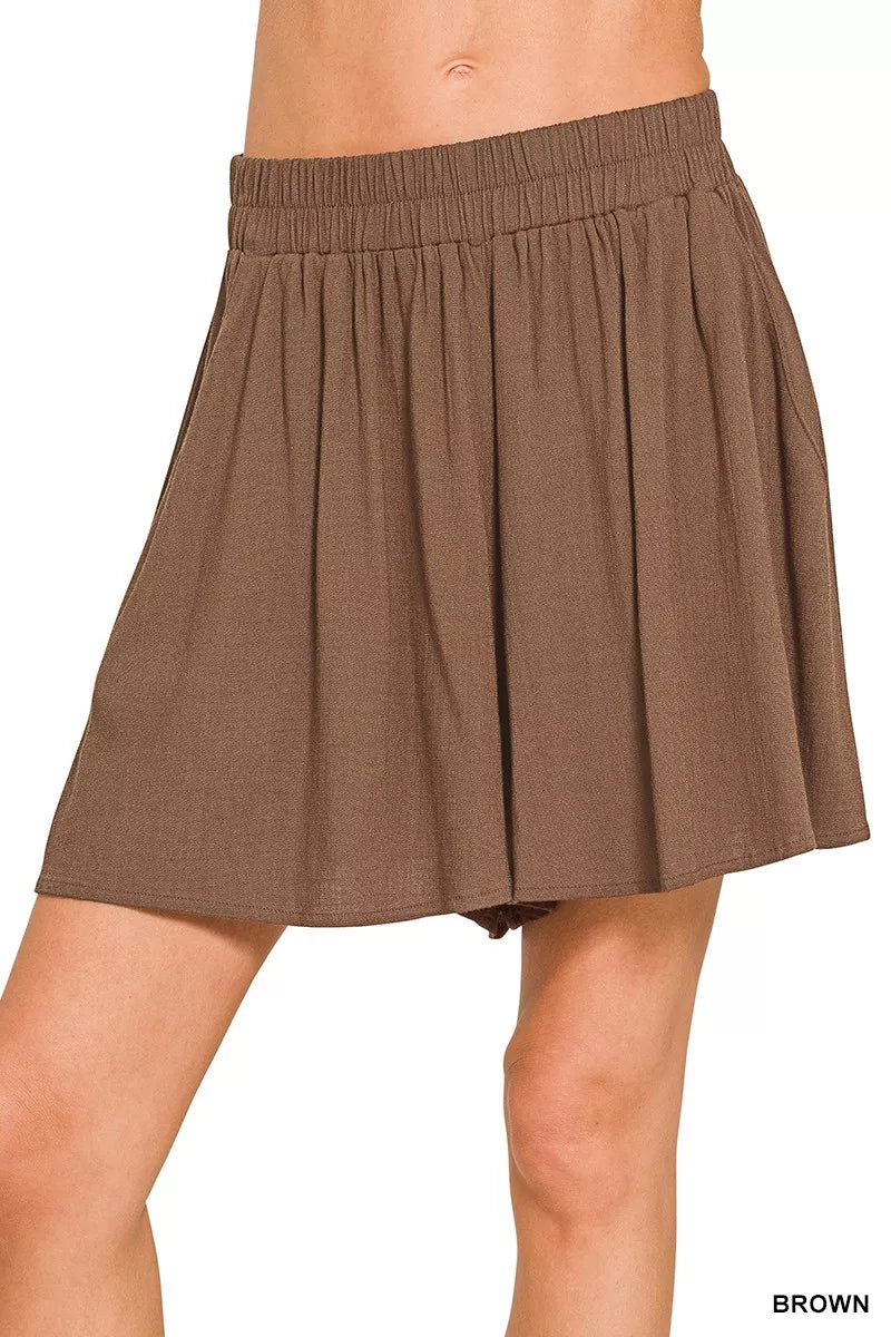 Zenana Woven Elastic Band Shorts With Pocket - cas7m