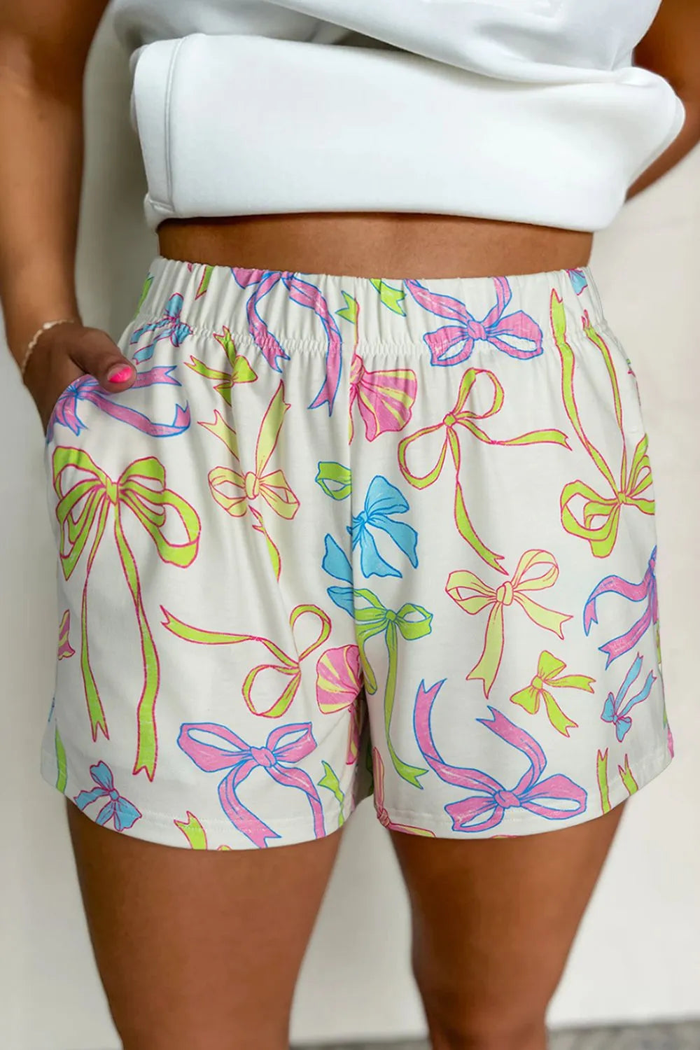 Cheerful Bow Print Elastic Pull On Casual Shorts - cas7m