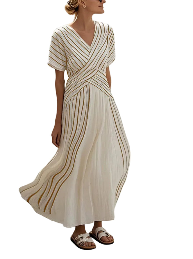 Women's Loose Fit Striped Printing Dress - Casual Cotton Blend Summer Midi Dress For Daily Wear Holiday Outfit - cas7m