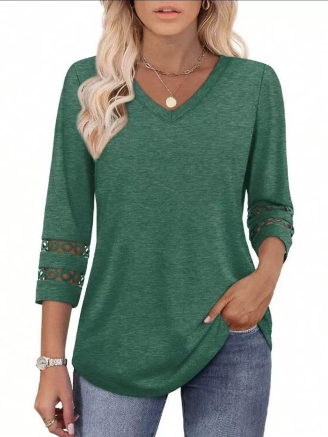 Full Size V-Neck 3/4 Sleeve T-Shirt Plus Size - cas7m