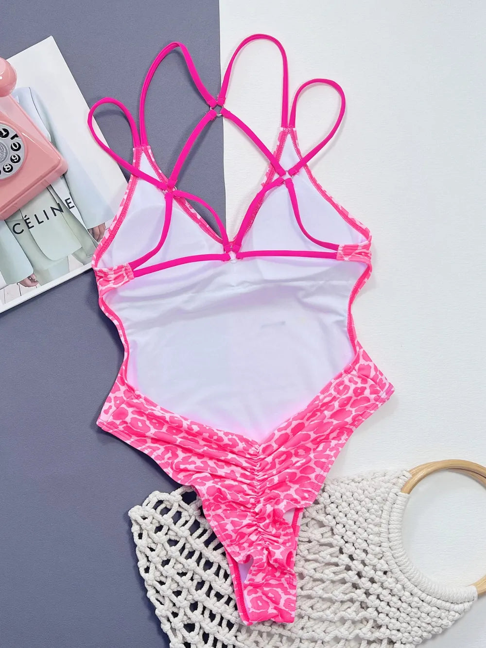 Leopard Plunge Spaghetti Strap One-Piece Swimwear - cas7m