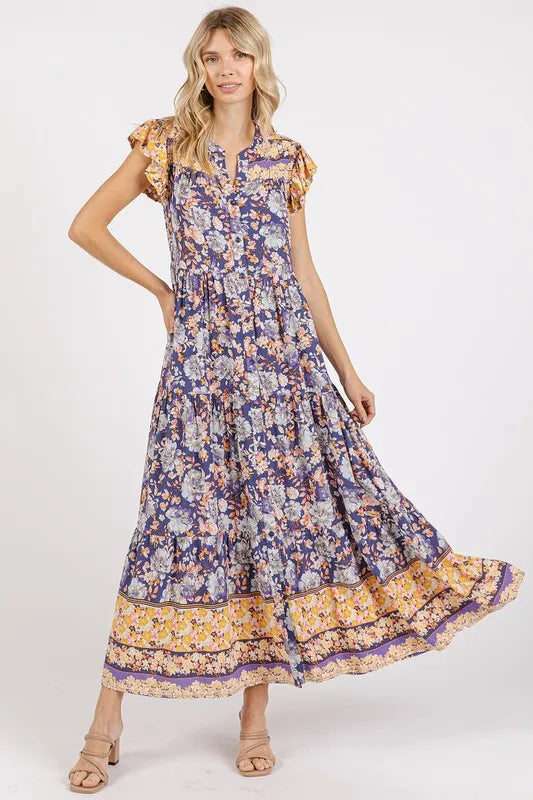 Mittoshop Floral Ruffled Notched Cap Sleeve Maxi Dress - cas7m
