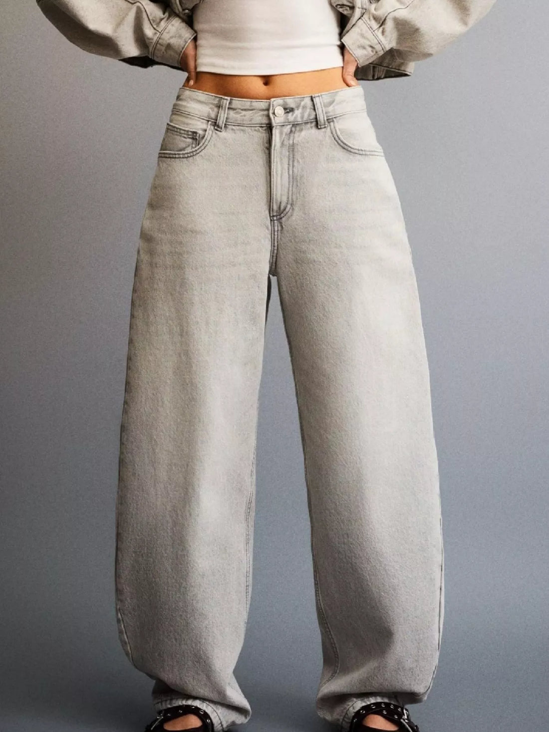 Wide Leg Washed Jeans - cas7m