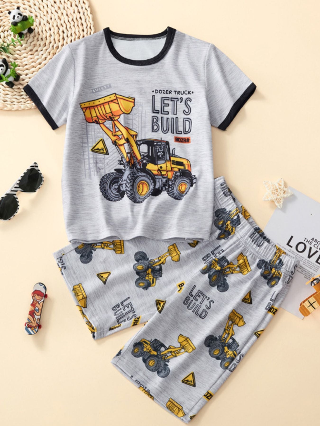 Children's Bulldozer Print Casual Tee and Shorts Set - cas7m