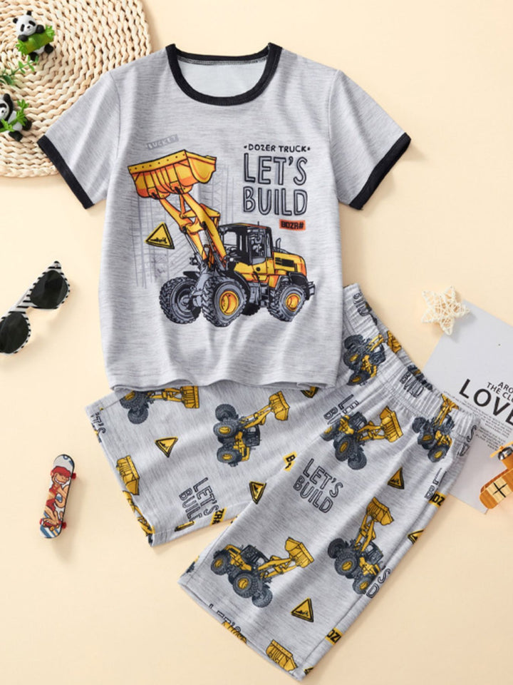 Children's Bulldozer Print Casual Tee and Shorts Set - cas7m