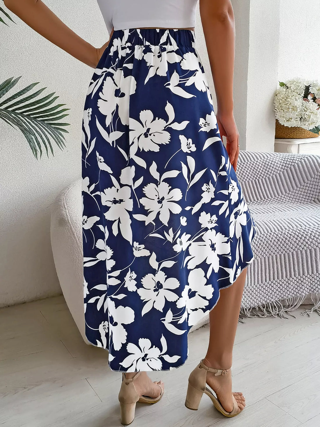 Floral Print Ruffle Hem Asymmetrical Skirt - cas7m
