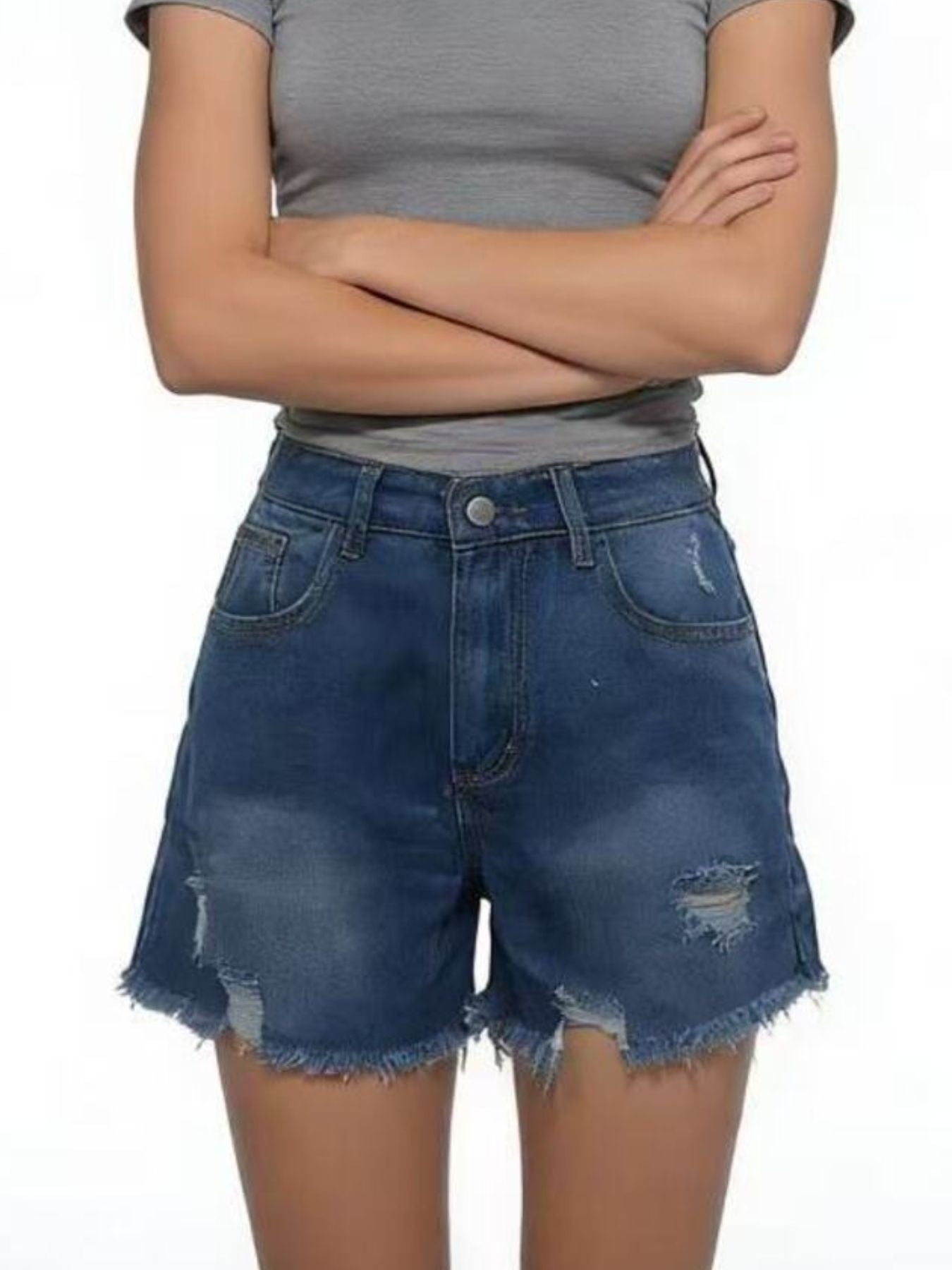Distressed Frayed Hem Denim Shorts - cas7m