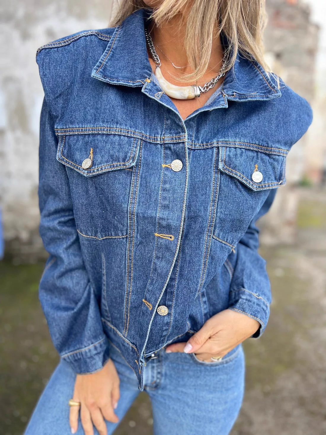 Plus Size Button Up Chest Pockets Denim Jacket - cas7m