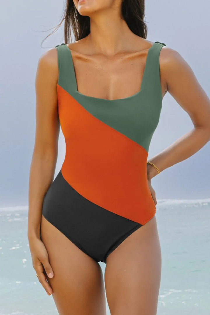 Color Block Padded Square Neck One Piece Swimsuit - cas7m
