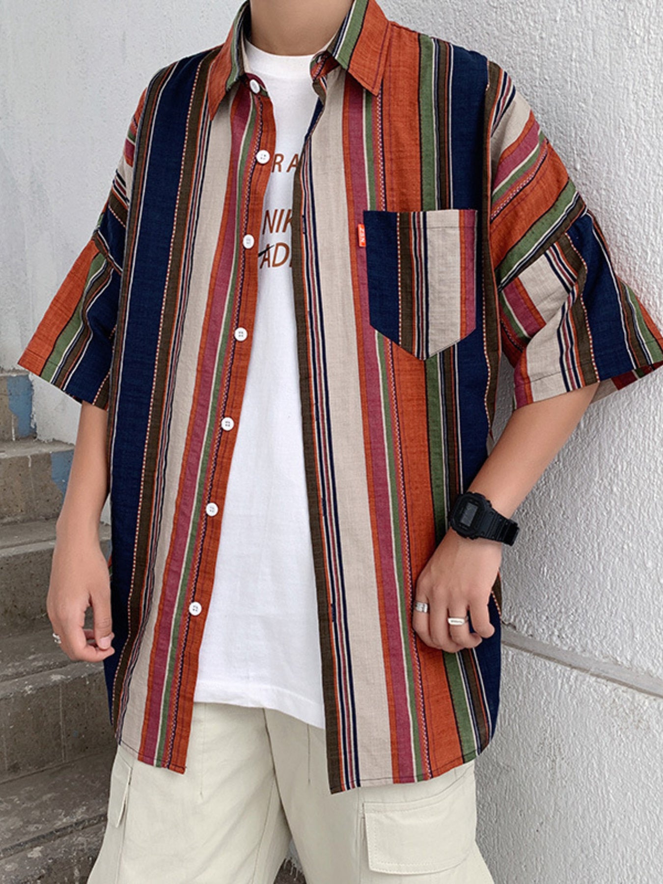 Men's Plus Size Striped Half Sleeve Shirt - cas7m