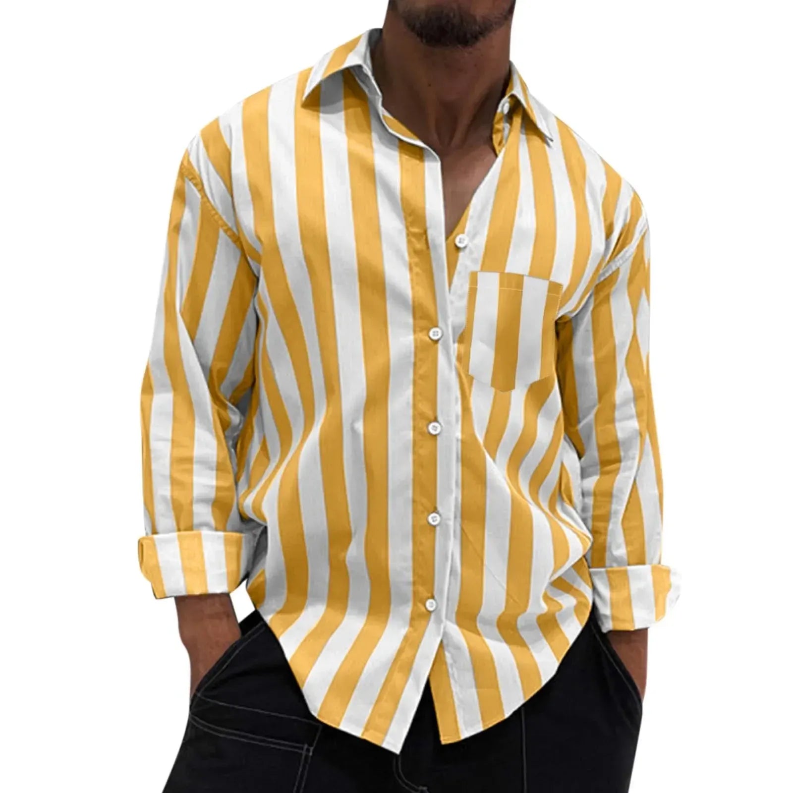 Men's Striped Button-Down Long Sleeve Shirt - cas7m