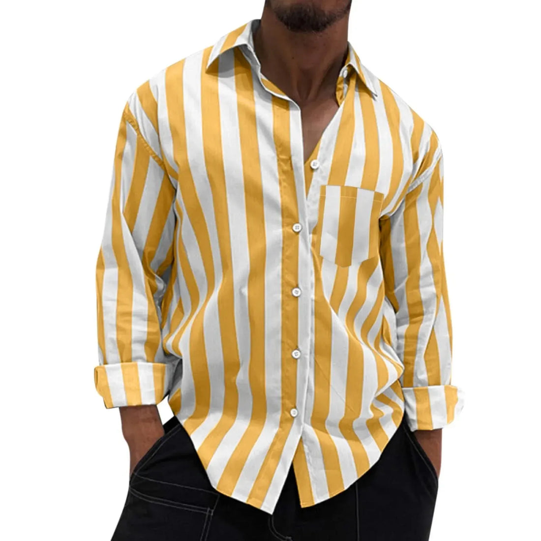 Men's Striped Button-Down Long Sleeve Shirt - cas7m