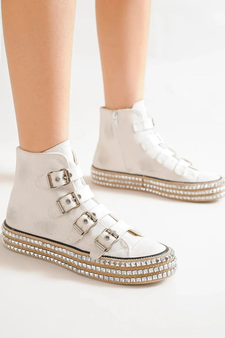 Beast Fashion Multi-Buckle Straps Studded Platform Sneakers - cas7m