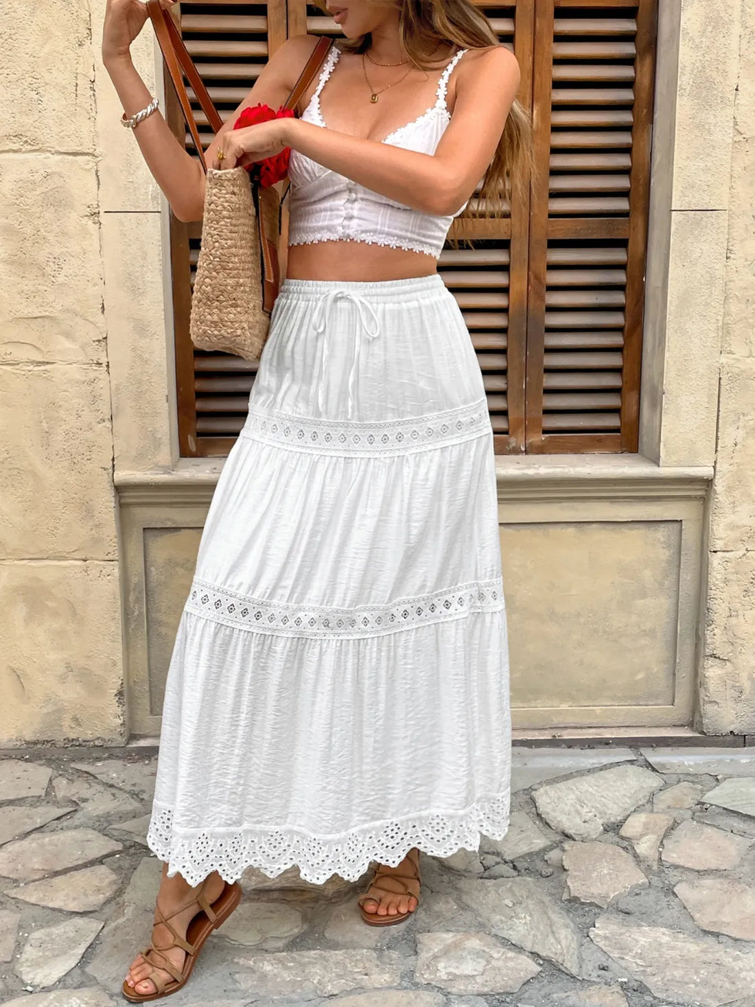 Lace Detail Elastic Waist Skirt - cas7m