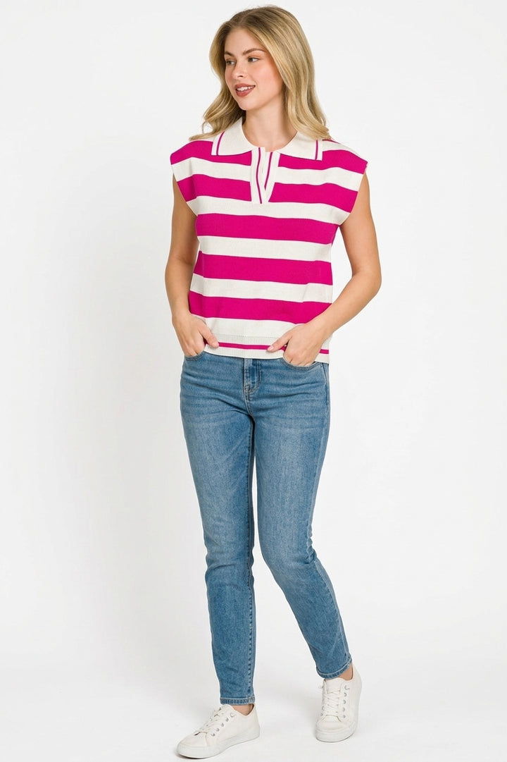 Zenana Viscose Striped Collared Sweater Vest - cas7m
