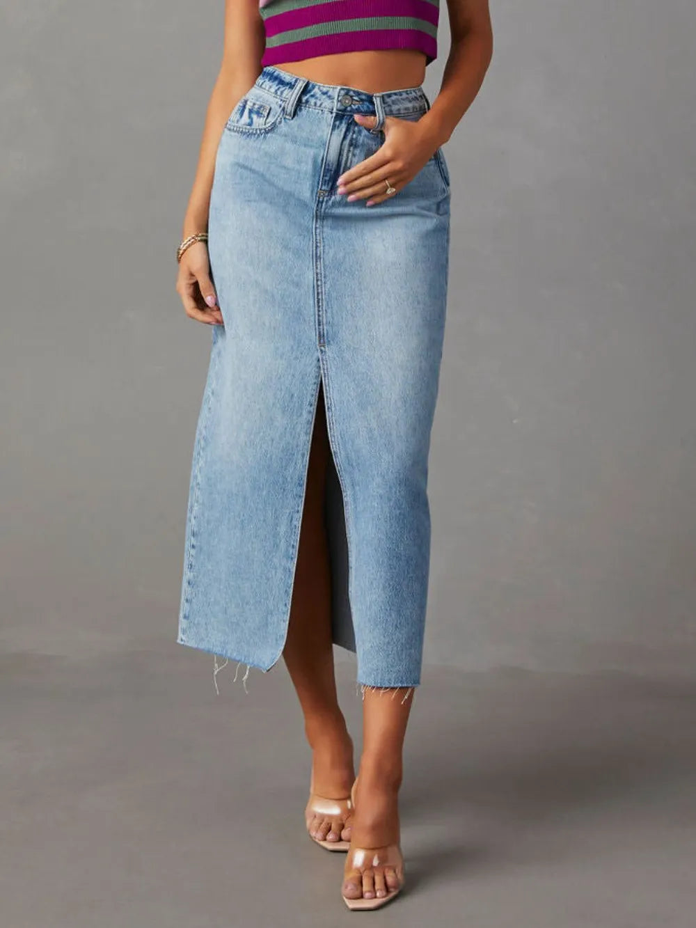 Raw Hem Front Slit Denim Midi Skirt - cas7m