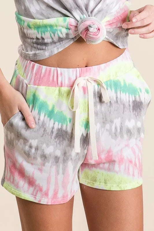 BiBi Tie Dye Print Shorts With Twill Tape Drawstring - cas7m