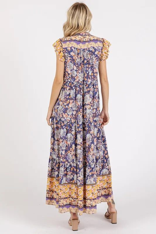 Mittoshop Floral Ruffled Notched Cap Sleeve Maxi Dress - cas7m