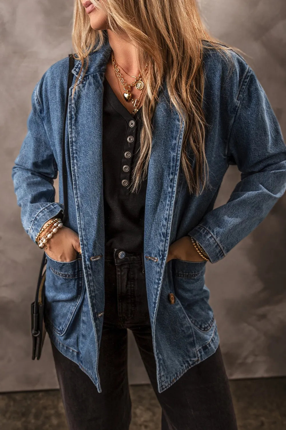 Pocketed Long Sleeve Denim Jacket - cas7m
