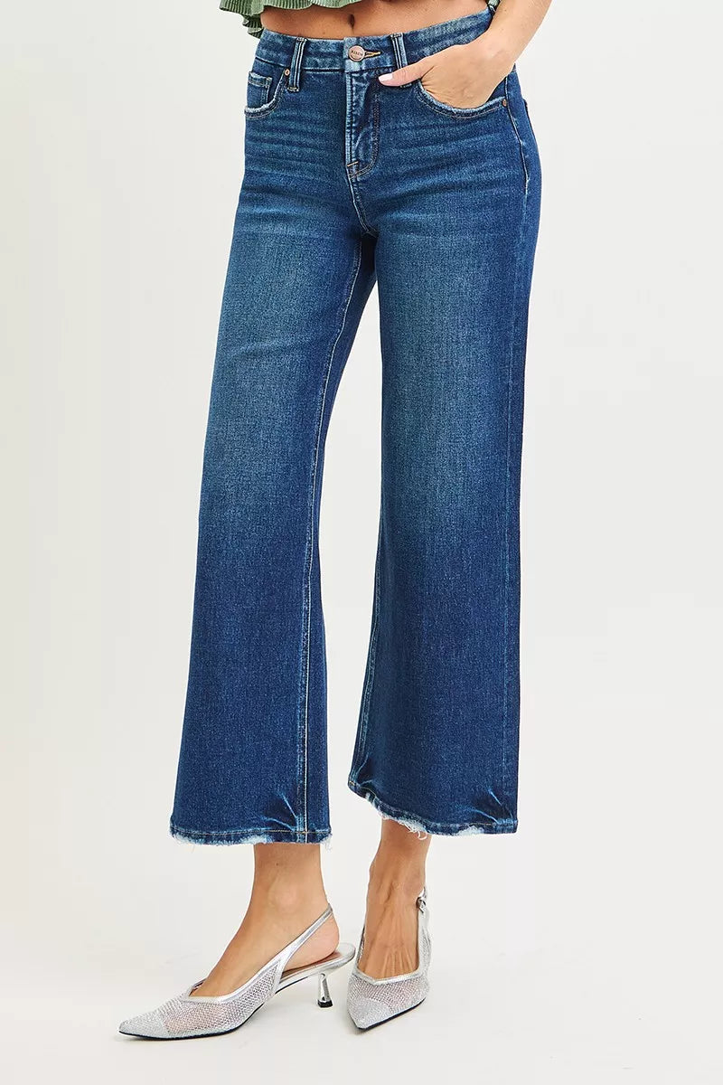 RISEN Tummy Control 4 Way Stretch High Rise Crop Wide Leg Jeans - cas7m