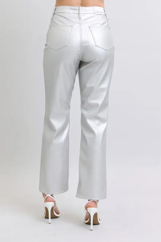 Judy Blue Full Size High Waist Silver Faux Leather Pants Plus Size - cas7m