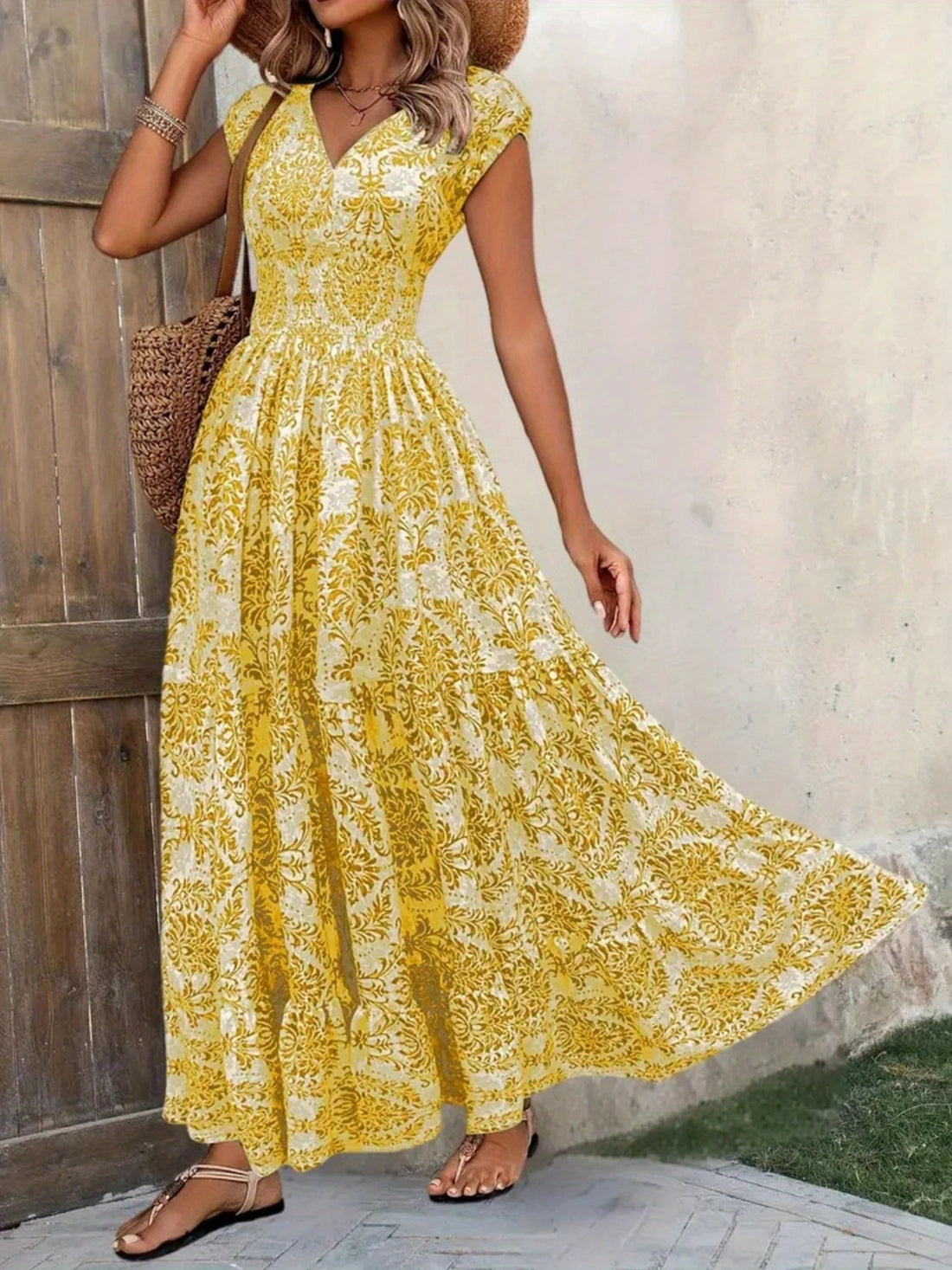 Smocked Tiered Maxi Dress - Chic Polyester Statement - cas7m