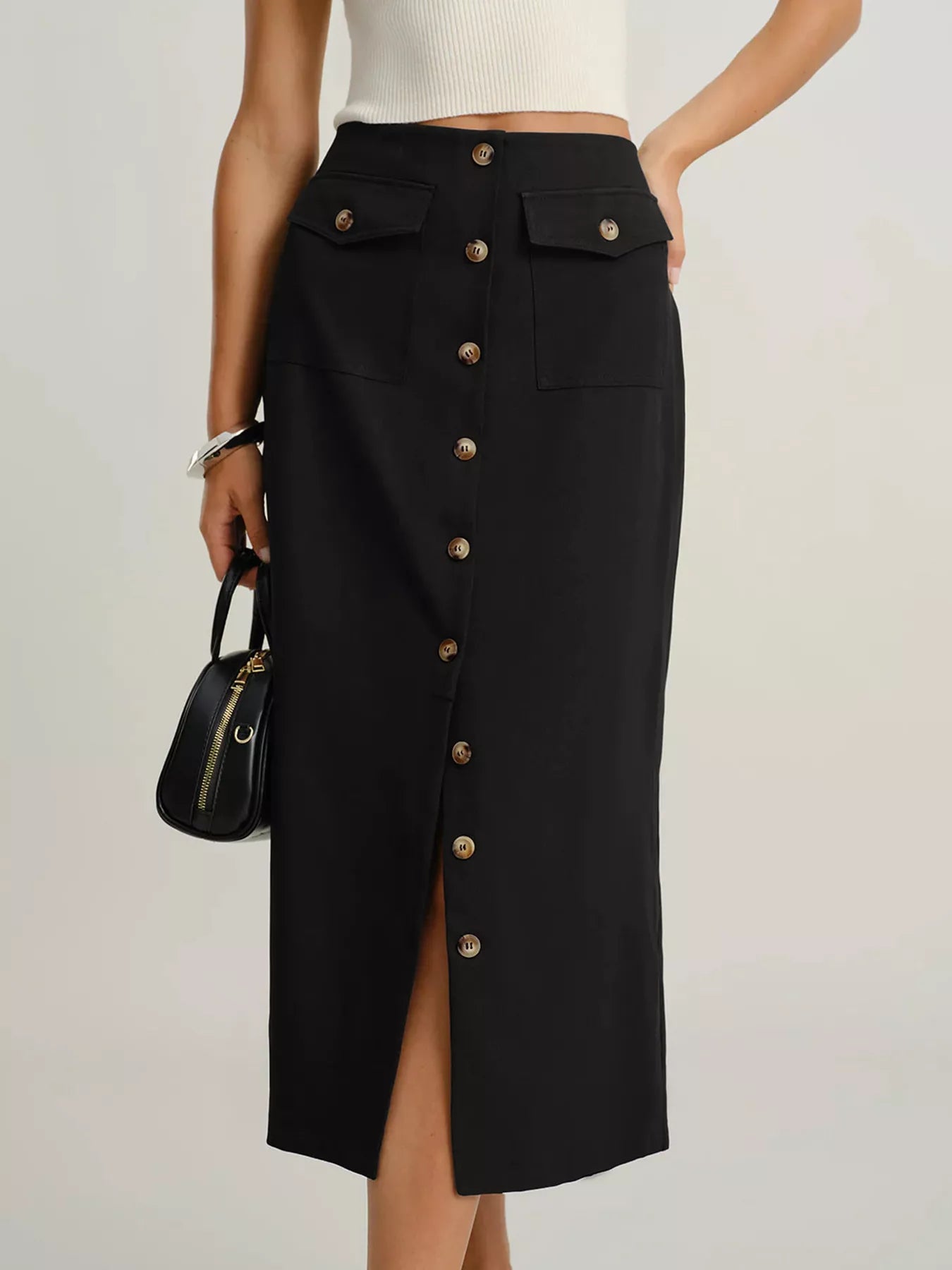 Button-Front Midi Skirt with Pockets - cas7m