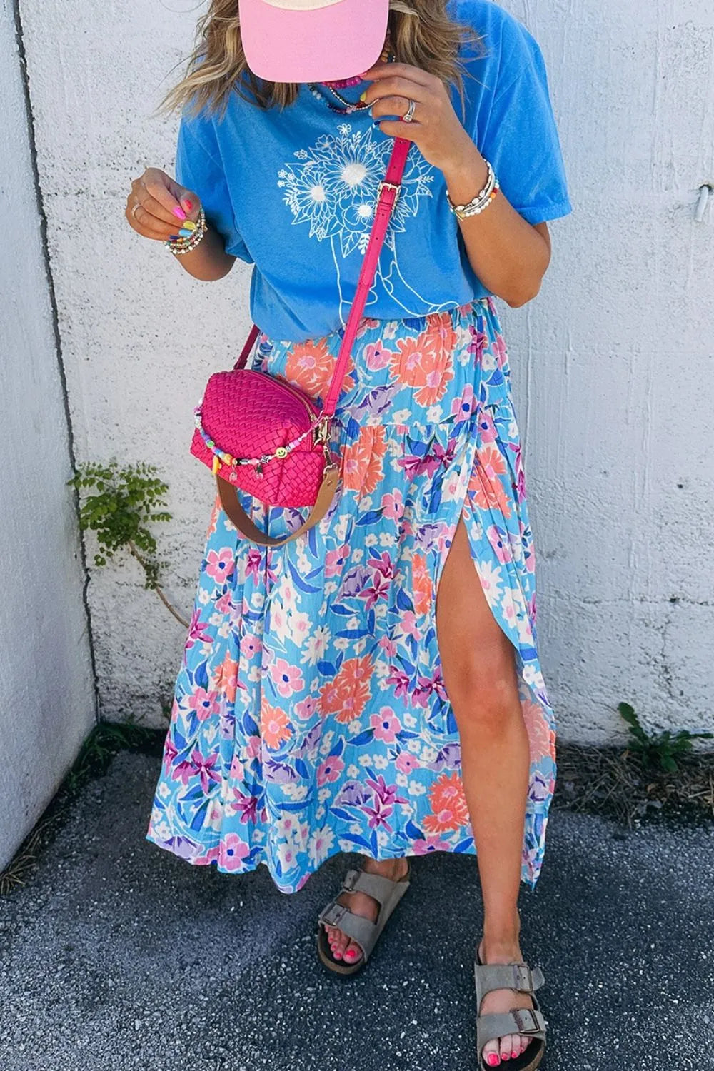 Floral Printed High Waist Split Skirt - cas7m
