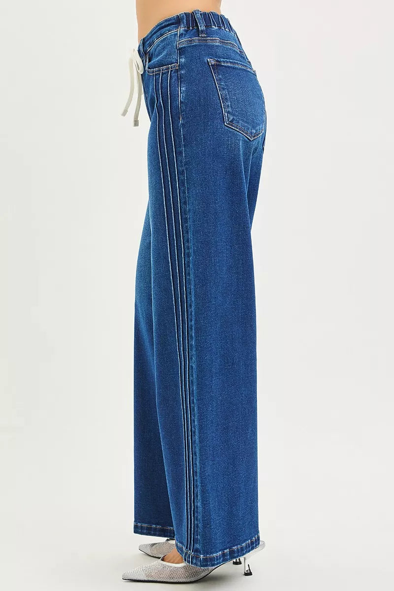 RISEN Full Size Mid Rise Wide Side Pintuck Jeans with Front Drawstring Plus Size - cas7m