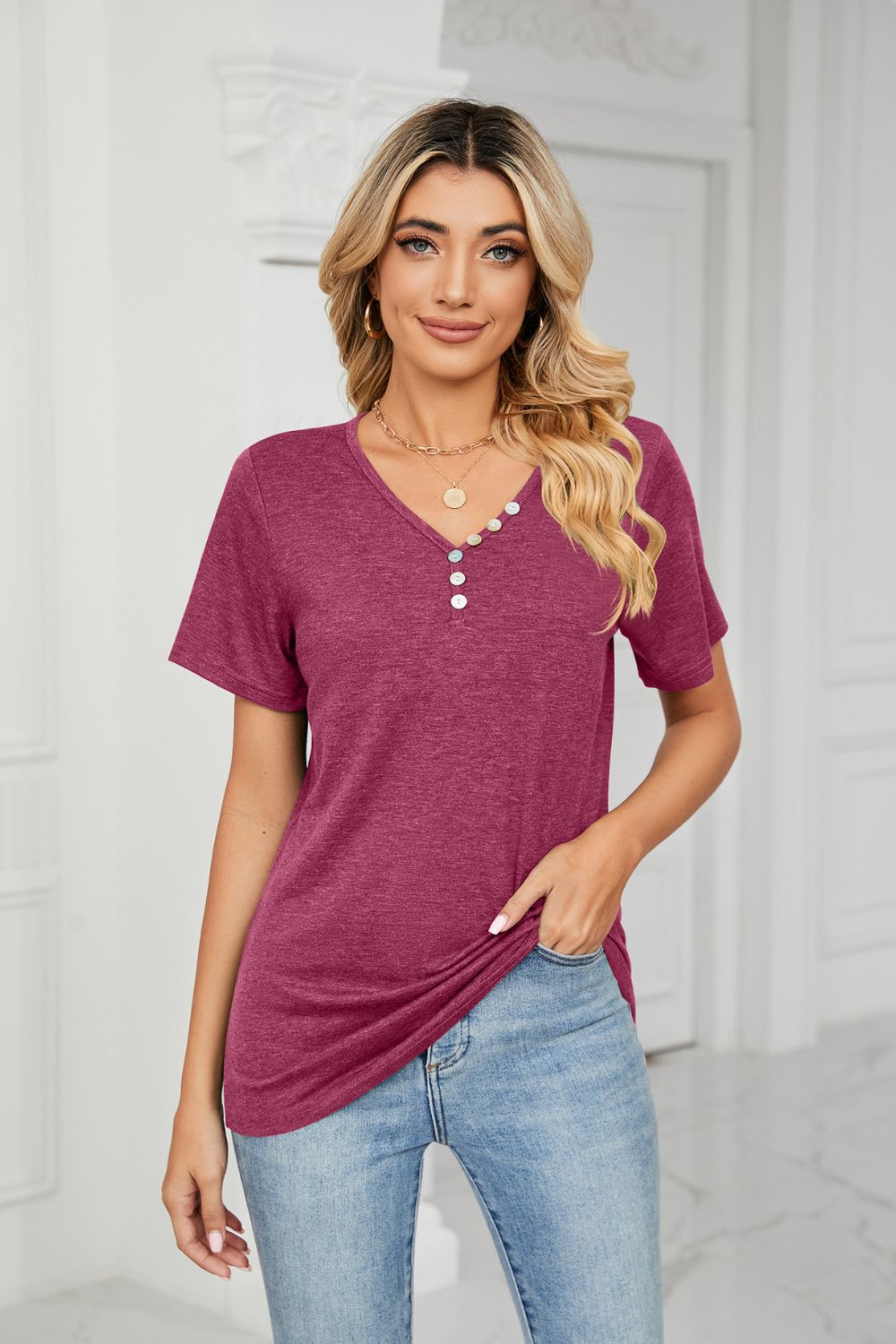 Decorative Button V-Neck T-Shirt - cas7m