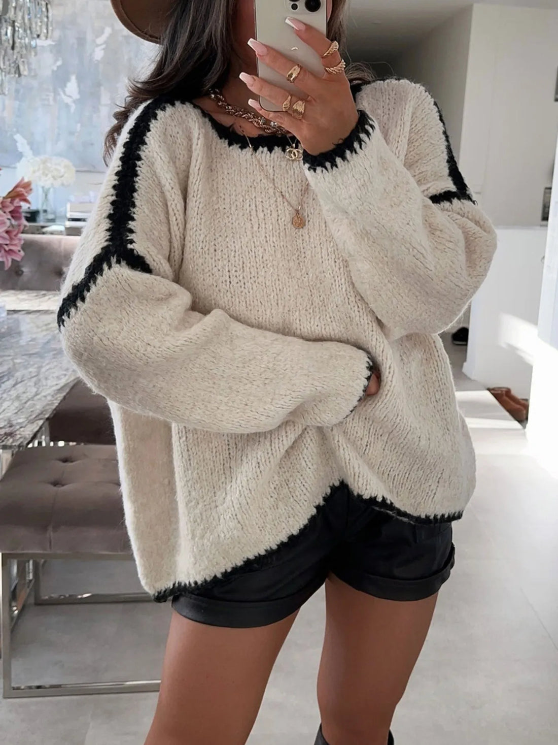 Contrast Trim Oversized Sweater - cas7m