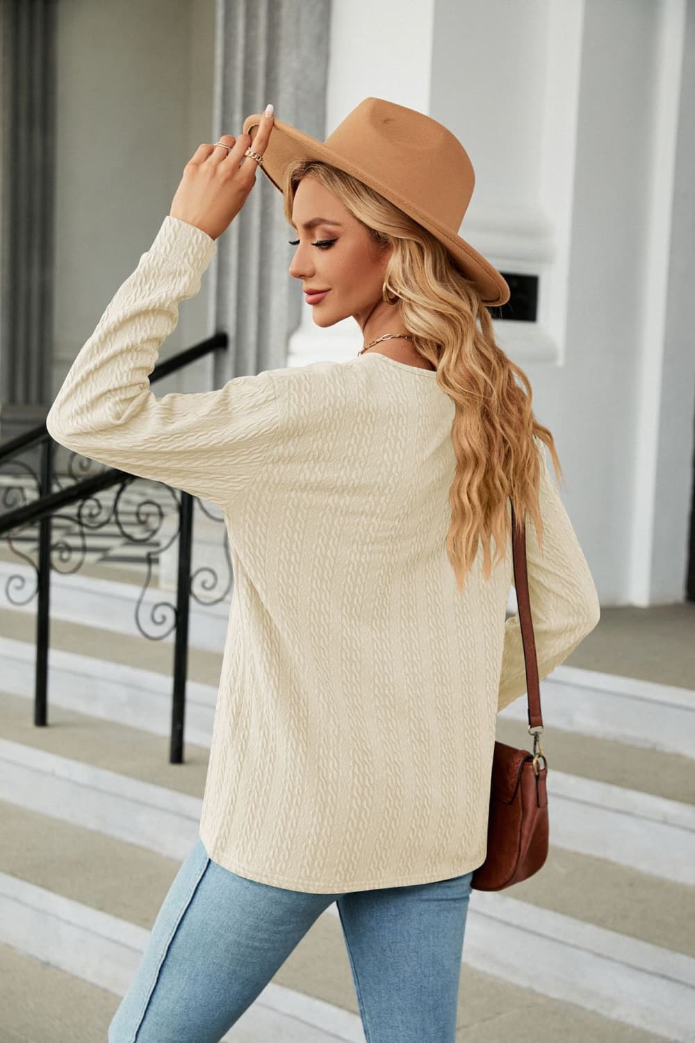 Decorative Button V-Neck Long Sleeve T-Shirt - cas7m