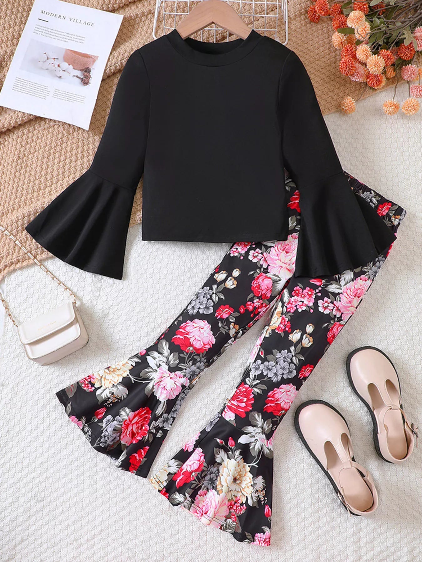 Children's Solid Top & Floral Flare Pants Set - cas7m