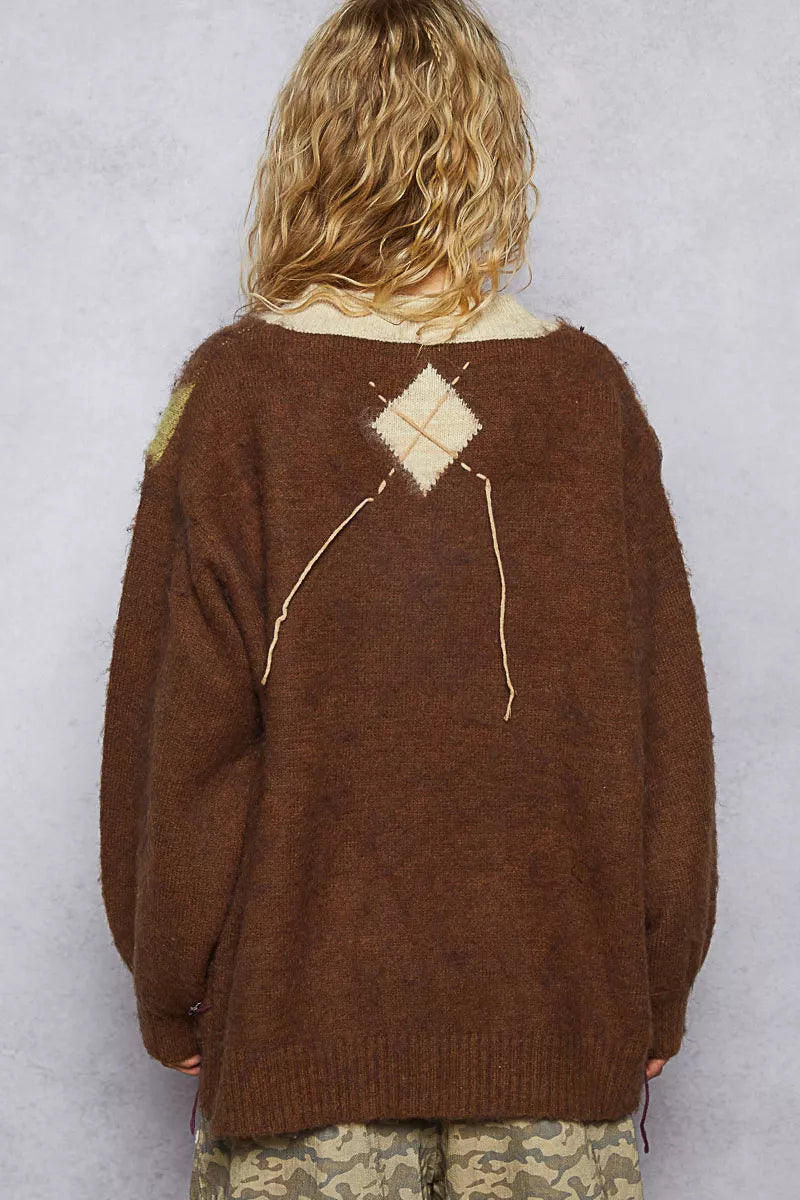 POL V-Neck Argyle Pattern Mohair Sweater with Contrast Exposed Stitch Detail - cas7m