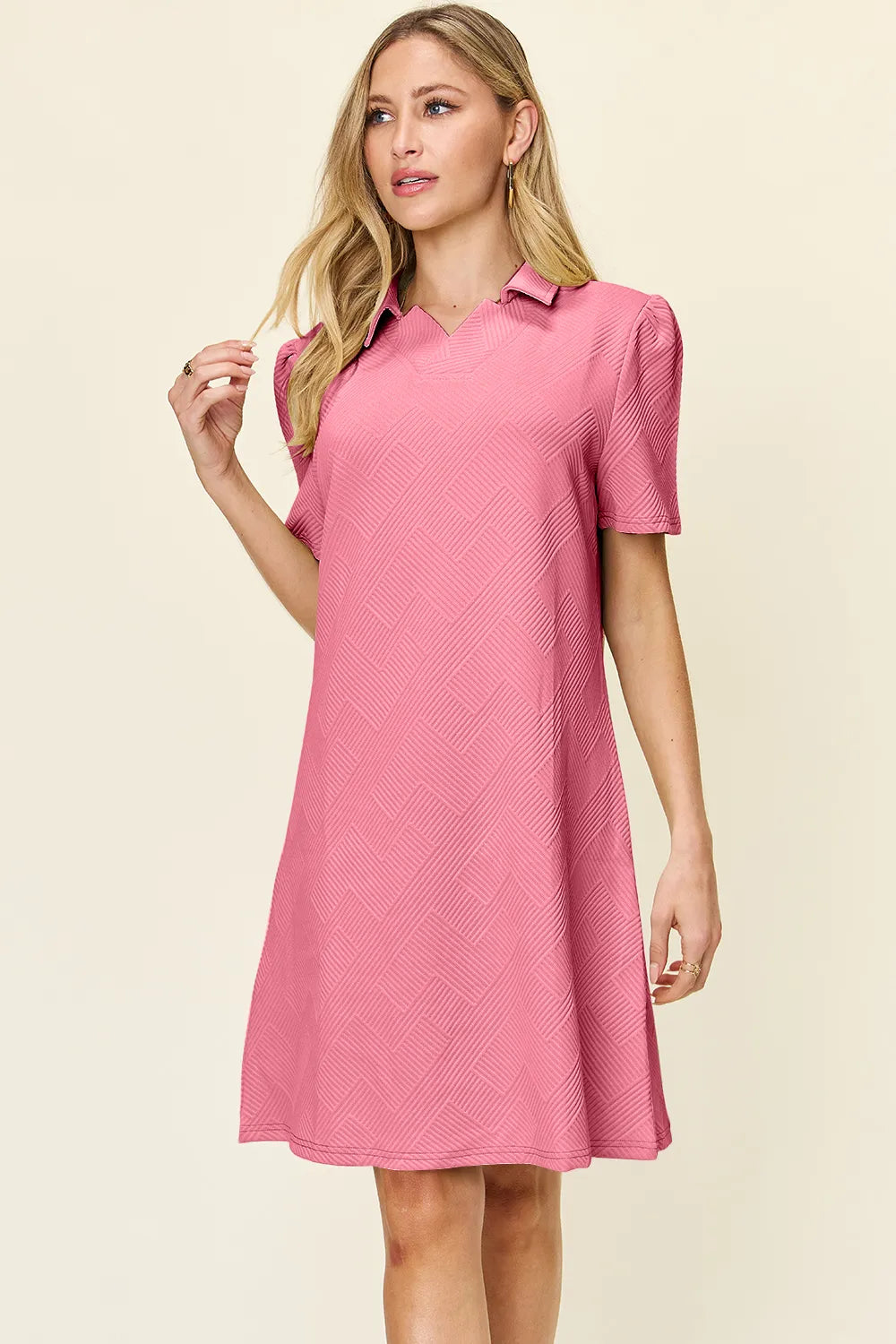 Double Take Full Size Texture Collared Neck Short Sleeve Dress - cas7m
