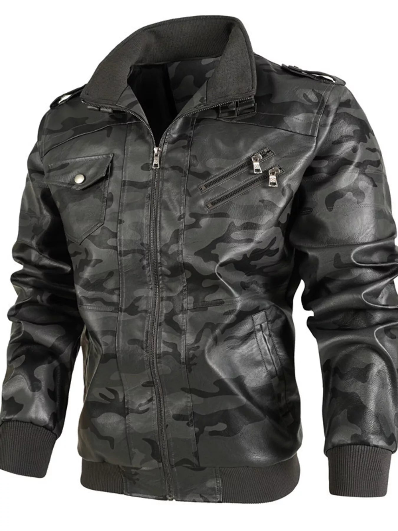 Men's Full Size Zip Up Camouflage Faux Leather Jacket Plus Size - cas7m