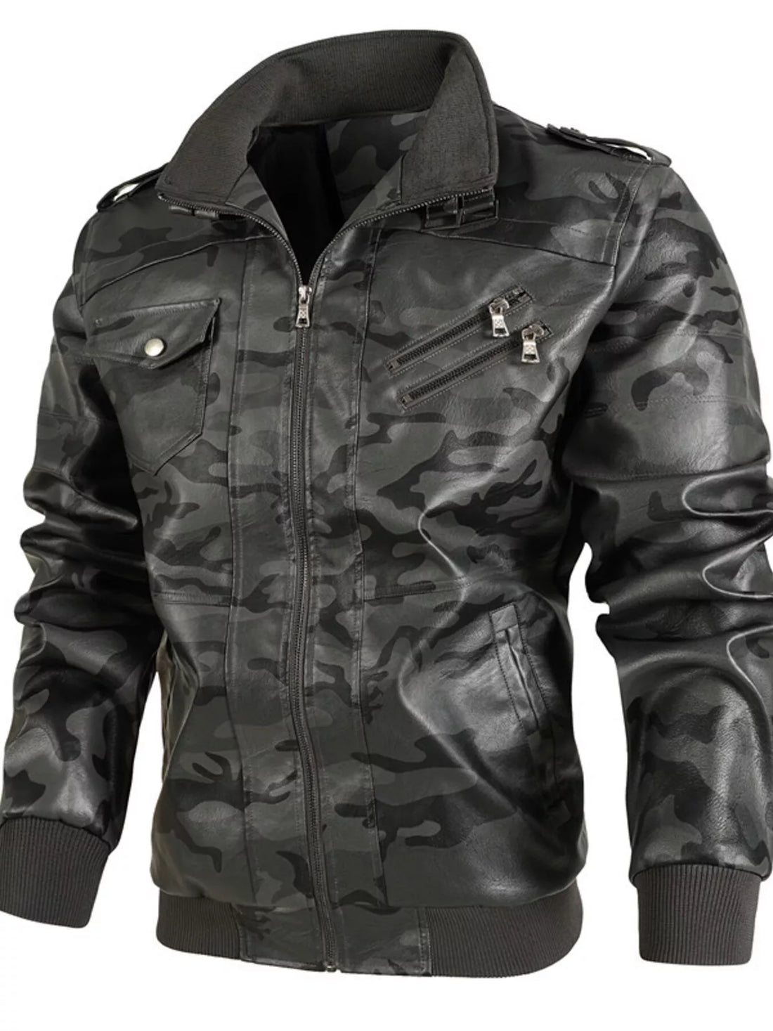 Men's Full Size Zip Up Camouflage Faux Leather Jacket Plus Size - cas7m
