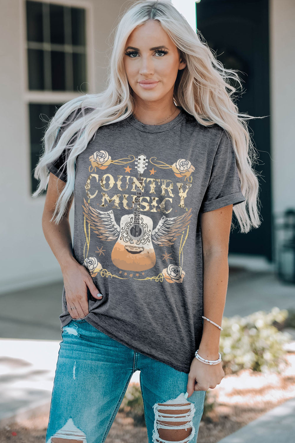 Graphic Casual Round Neck Short Sleeve T-Shirt - Slight Stretch - cas7m