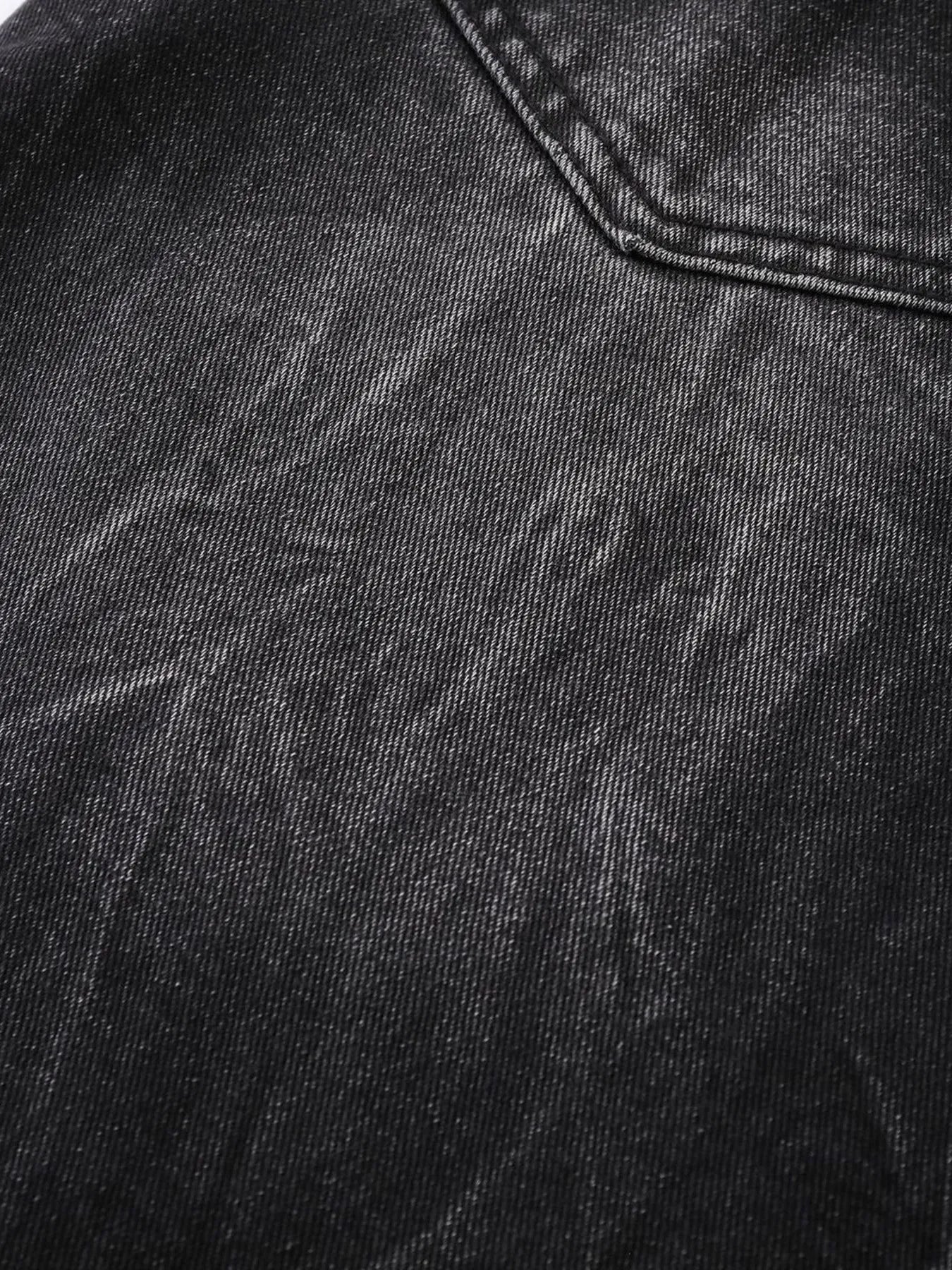 Men's Distressed Denim Shorts with Plaid Patches - cas7m