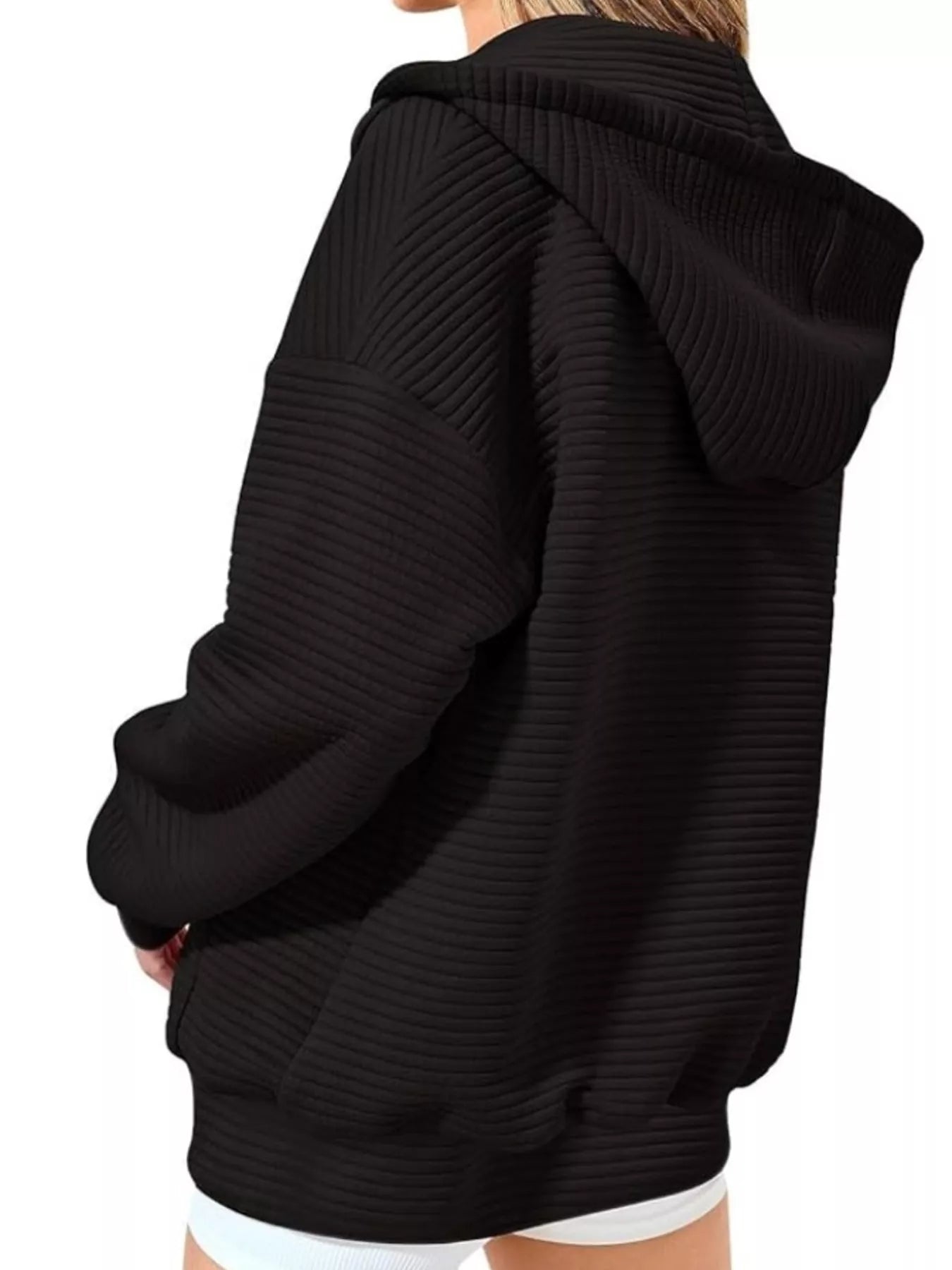 Drawstring Zip Up Dropped Shoulder Hoodie - cas7m