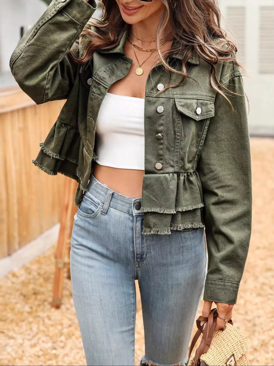 Ruffle Raw Hem Denim Jacket - cas7m