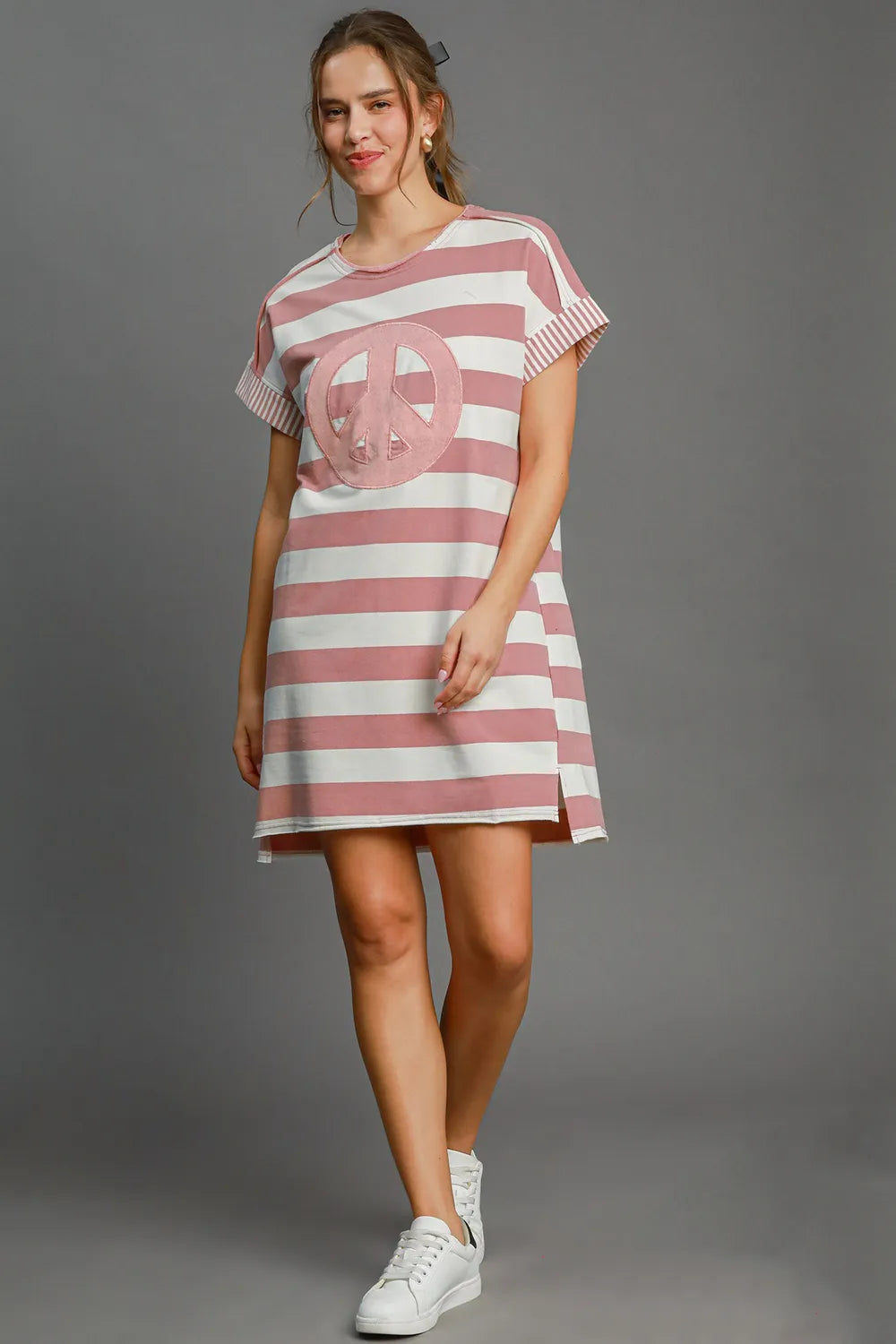 Umgee Peace Applique Striped Short Sleeve Mini Dress - cas7m