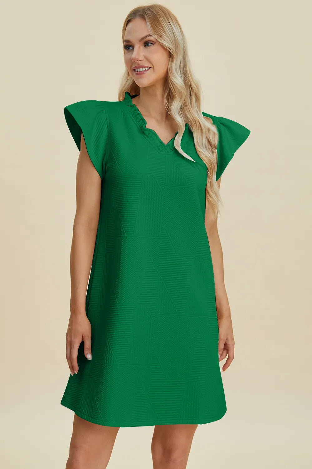 Double Take Full Size Ruffled V-Neck Cap Sleeve Dress - cas7m