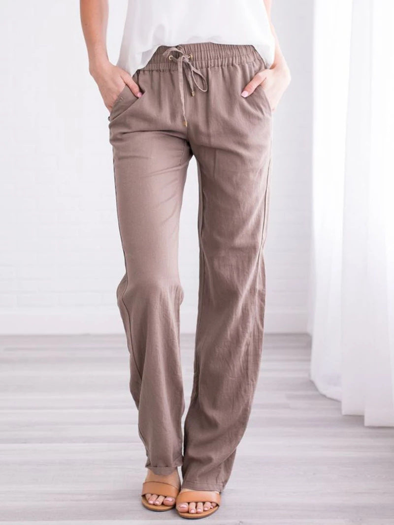 Cotton and Linen Drawstring Loose Casual Wide-Leg Trousers - cas7m