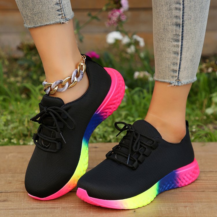 Lace-up Mesh Shoes With Rainbow Sole Design Fashion Walking Running Sports Shoes Sneakers For Women - cas7m